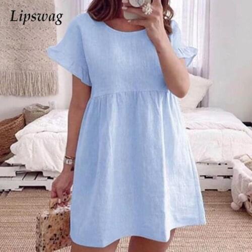 Fashion Ruffle Short Sleeve Loose Dresses Summer Elegant Women Mini Party Dress New Casual Round Neck Kawaii Solid Dress Vestido