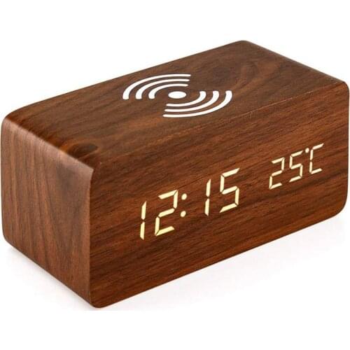 Promotion! Alarm Clock With For Qi Wireless Charging Pad Compatible With For Iphone Samsung Wood Led Digital Clock Sound Control