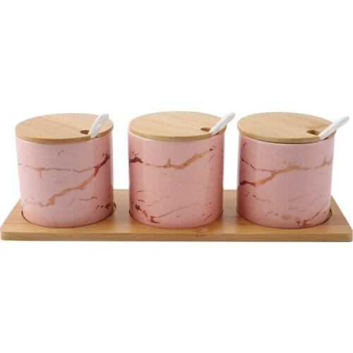 Simple Peach Pink Ceramic Seasoning Can Set Household Restaurant Seasoning Box with Cover and Spoon Gift Set
