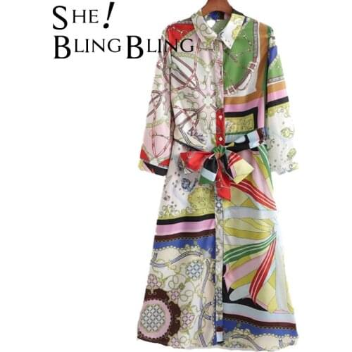 SheBlingBling 2021 Summer New Fashion Tide Single-breasted Turn-down Collar High Waist Knee-length Long Sleeve Printing Dress