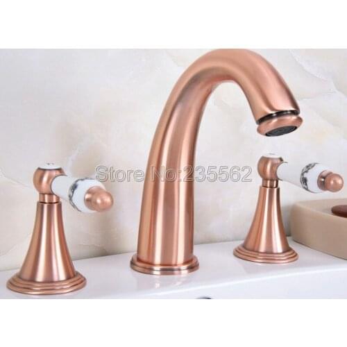 Antique Red Copper Widespread Bathroom Basin & Sink Faucet 3 Hole Deck Mounted Bathtub Mixer Taps Dual Handle lr070