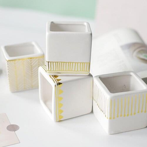 Modern simple white ceramic square bonsai grower home small succulent flower pot modern small cactus flower pot bamboo tray