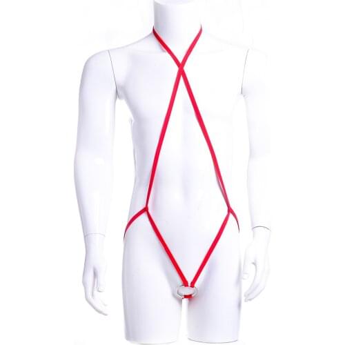 Men Sexy Strappy Thongs Lingerie Bodysuit with Tights One Piece Spandex Mankini Harness Underwear G-String Costume Red