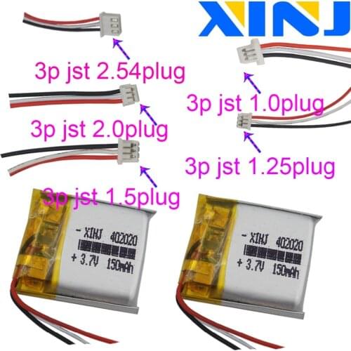 XINJ 2pcs 3.7V 150mAh Li Polymer Battery 3pin JST-PH 1.0/1.25/1.5/2.0/2.54mm plug 402020 For bluetooth audio Toys Sat Nav MP3