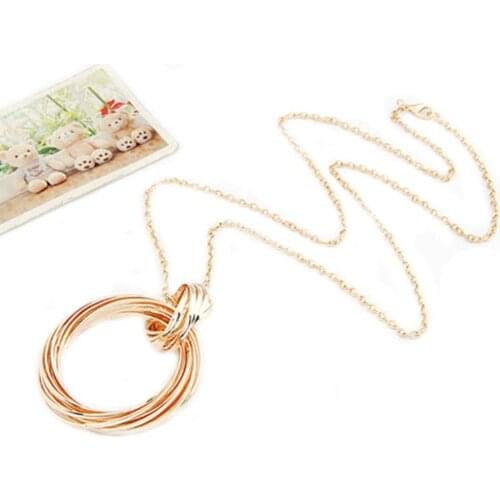 Women Fashion Gold Tone Multi Weave Hoop Circle Pendant chain Long Necklace Jewelry trendy jewelry titanium женская бижютерия