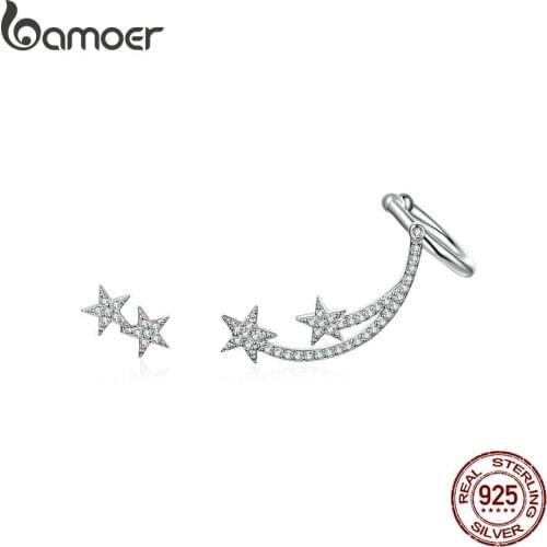 BAMOER Star Comet Asymmetry Stud Earrings for Women Clear CZ Bright Meteor Ear Stud 925 Sterling Silver Jewelry Femme BSE087