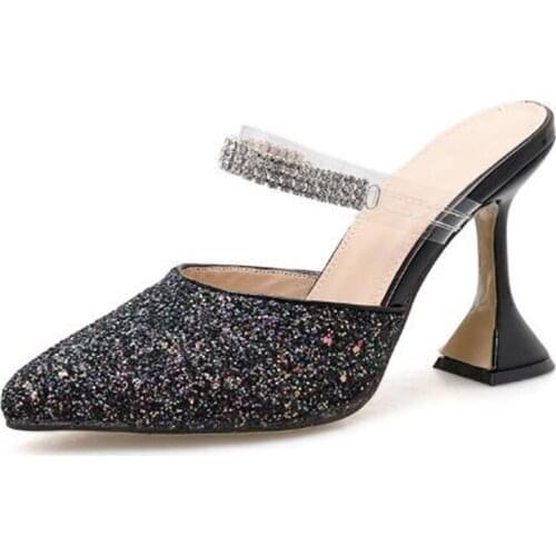 Women sandals PU Sequined Cloth Slip On 9cm Thin Heels High heels Pointed Toe Bling Shallow sandal women shoes 2020 size 35-42
