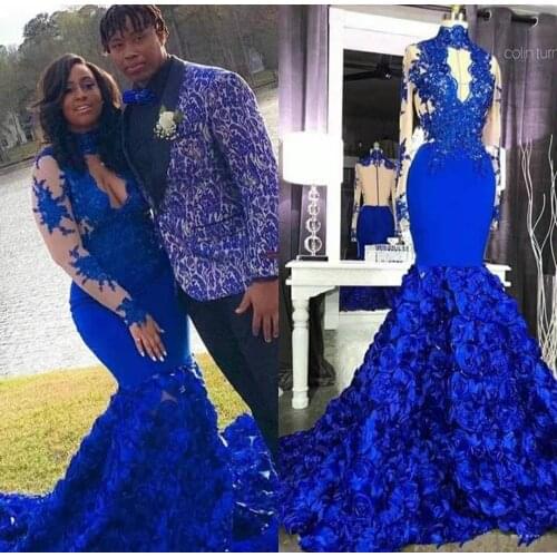 Sexy Long Royal Blue Mermaid Lace Evening Dresses with Sleeve Zipper Back Maxi Beaded Abendkleider Formal Party Gown for Women