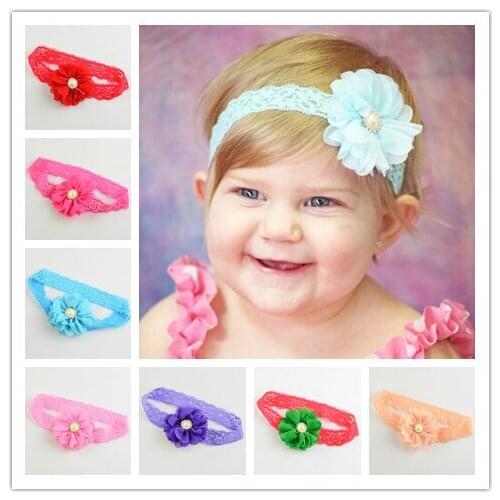 10pcs/lot 15 Colors Elastic Lace Headband With Centre Chiffon Flower For Girls Hair Beauty Kids Beautiful Headware FDA120