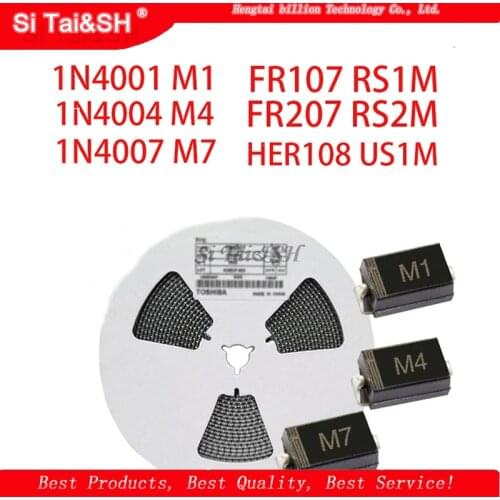 100PCS SMA Rectifier diode 1N4001 M1 1N4004 M4 1N4007 M7 FR107 RS1M FR207 RS2M HER108 US1M SF18 ES1J SF14 ES1D DO-214AC