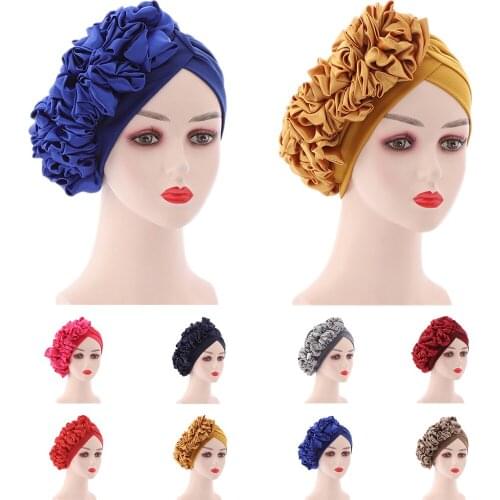 2021 Fashion Womens Turban Caps Big Flowers Headscarf Bonnet Wedding Party Hat Head Wraps Ready to Wear Hijab Scarf Turbante