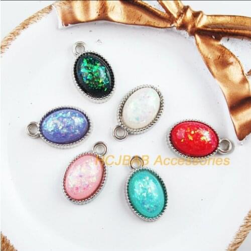 24 New Acrylic Charms Dull Silver Plated Retro Mixed Oval Resin Pendants 13x21mm