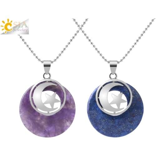 CSJA Round Natural Stone Necklaces & Pendants Reiki Lapis Lazuli Crystal Quartz Tiger Eye Moon Star Charms 2019 Ladies Gift F852