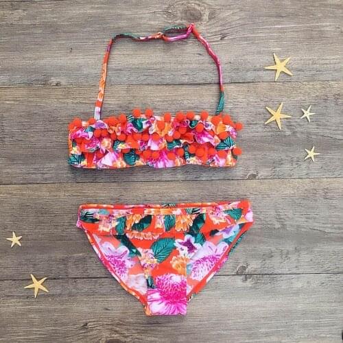 Children Baby Girl Toddler frill fur ball split swimsuit bikini orange Set Swimwear Swimsuit Bathing Clothes L1128