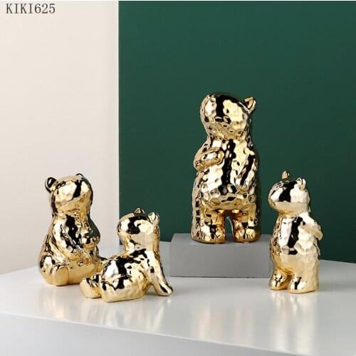 Electroplating Ceramic Bear Statue Figurines Crafts Girl Room Decoration Golden Cartoon Cute Animal Sculpture Home Decoration