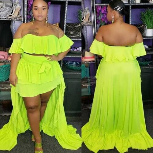 BKLD Matching Sets For Women Summer Sexy Ruffles Off Shoulder Crop Tops And Maxi Long Skirt Fashion Neon Green Two Piece Outfits