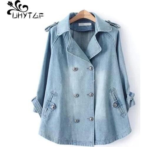 UHYTGF Solid Turn-down Collar Jean Jacket for Women Loose Casual Blue Fashionable Women Coats Female outwear Denim Feminine X137