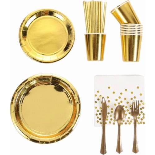 Golden Bronzing Disposable Tableware Set Paper Cup Plate Tablecloth Wedding Venue Decoration Birthday Party Decorations Kids