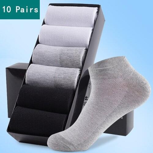 20 Pieces=10 Pairs Business Breathable Mesh Boat Socks Mens High Quality Solid Color Black White Work Life Cotton Ankle Socks