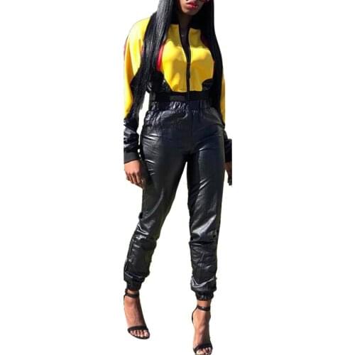 Autumn and winter new fashion womens clothing Leather jacket and leather pants stitching zipper jacket two-piece suit