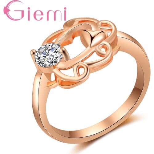 Charming New Fashion Heart Flower 2 Clamps Braid Setting Round shiny CZ Stone Rose Gold Rings For Vogue Woman Jewelry