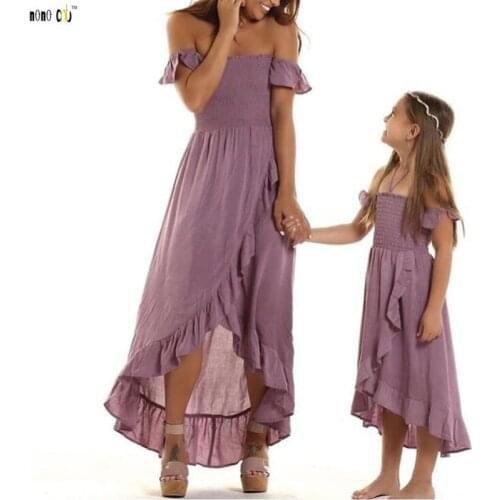 Mother Daughther Dress Off Shoulder Strapless Irregular Ruffles Beach Dresses Family Match Outfits Girl Clothes 3 4 5 6 7 8 Year