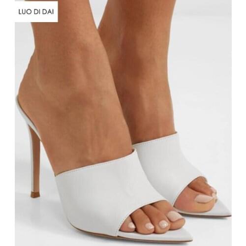 2019 summer women peep toe sandals party shoes white leather high heels thin heel slip on gladiator sandals point toe stilettos