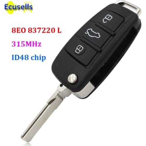 Folding flip Remote Key 3 buttons 315MHz with ID48 Chip for Audi A2 A3 A4 S3 S4 2006-2010 P/N: 8EO 837220 L uncut HU66 blad