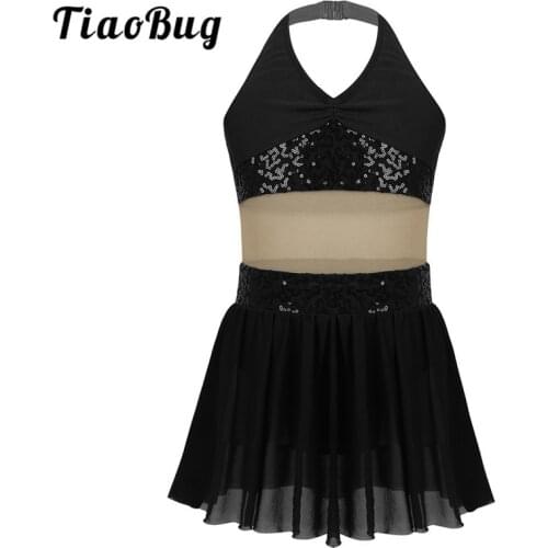 TiaoBug Girls Halter Sequins Mesh Stretchy Gymnastics Leotard Kids Ballet Figure Skating Dress Performance Lyrical Dance Costume