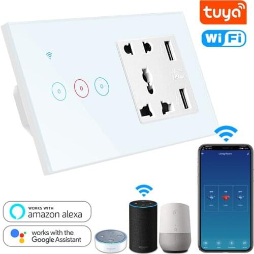 Tuya Smart Switch & Socket Touch Switch with 2A USB EU UK US AU Socket Glass Panel 110V 220V Work with Alexa Google Home