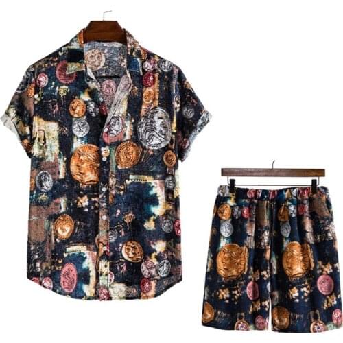 Vintage Floral Hawaiian Shirt and Shorts Two Piece Set Men Hipster Short Sleeve Cotton Linen Set Men Harajuku Casual Shirt Suits