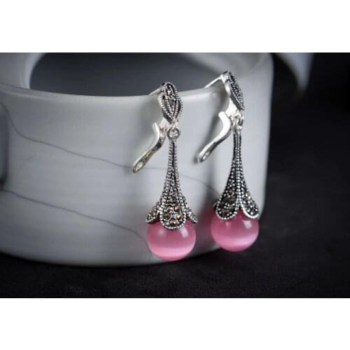 Round Red Natural Stone Bead Vintage 925 Hooks Earring natural gem/stone/coral/opal Marcasitegirl Wedding Party, Luxury Dubai