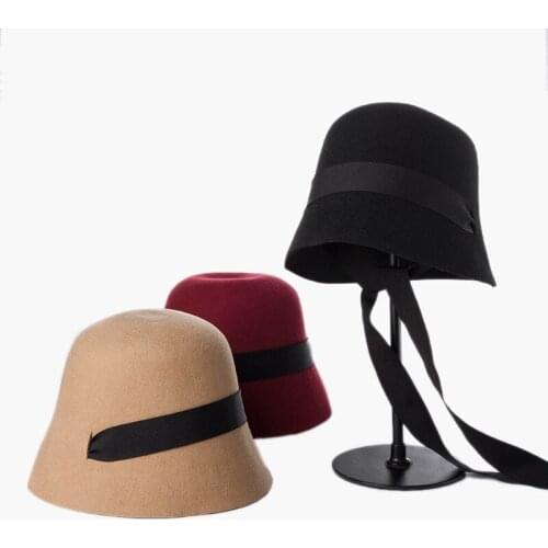 Korean Autumn Winter Fashion Bandage Woolen Fedoras Hat Women Casual Wool Felt Bucket Hat Female Vintage Top Hat