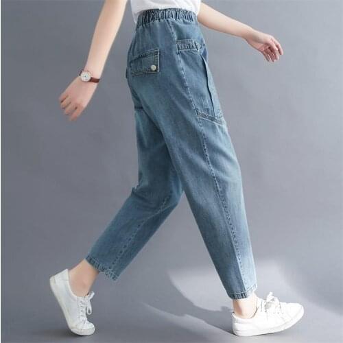 2021 New Jeans Women Spring Summer High-Waist Female Cowboy Elastic Waist Nine-Point Pants Large Size Ladies Harem Denim Pants