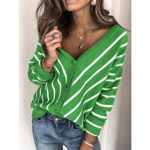 Women Casual Striped V-neck Cardigans Sweater Women Elegant Long Sleeve Autumn Cardigan Crop Top Fashion Sexy Knitted Women Tops
