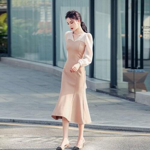 Spring Summer Women Splice Long sleeve Dress Temperament V-neck Ruffle Mid-length vening Dresses Vestidos street dresses 2021