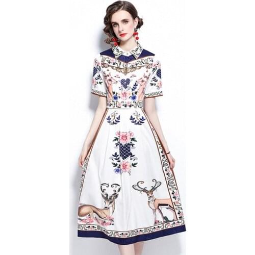 2021 summer Elegant Sika Deer Flower Print Midi Dress Women Fashion Animal Single Breasted High Waist dress Vestidos