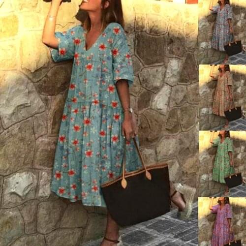 Boho Women V Neck Half Sleeve Floral Print Large Hem Beach Party Midi Dress