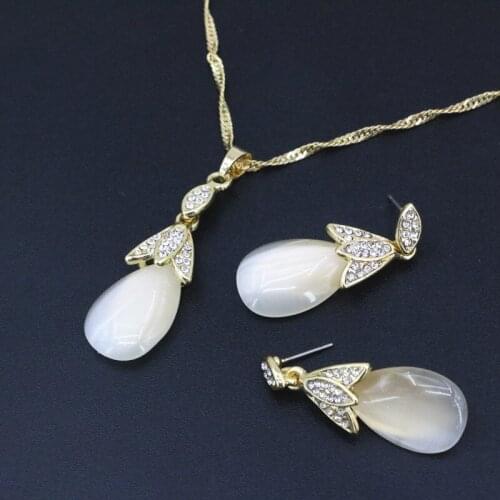 Gold Color Drop Pendants Necklace & Earring Jewelry Set For Women Opal Crystal Cat Eyes Necklaces Earrings Sets 18inch B3420