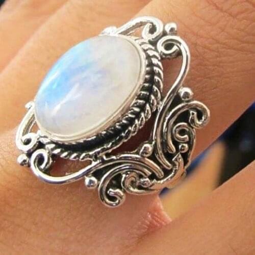 1 Antique Silver Womens Ring Retro Style Bohemian Tibetan Oval Moonstone Punk Fashion Womens Jewelry Cocktail Ring