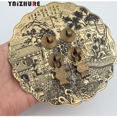 14cm Chinese style Antique Round Brass Bronze carving process Pure copper handle Cabinet Door Pull Handle Door Lock