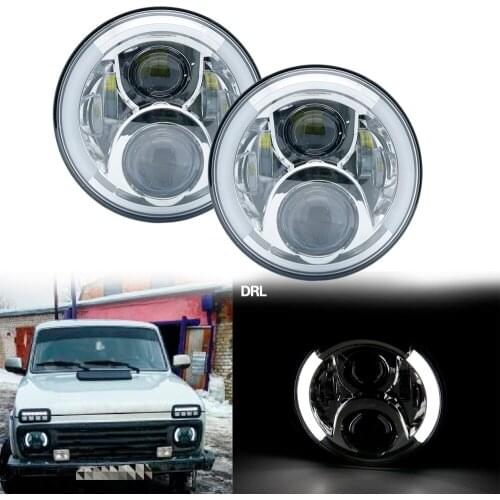Free shipping 50w led headlight with white drl amber turn signal 7inch car angel eye halo projector headlights for jeep for UAZ