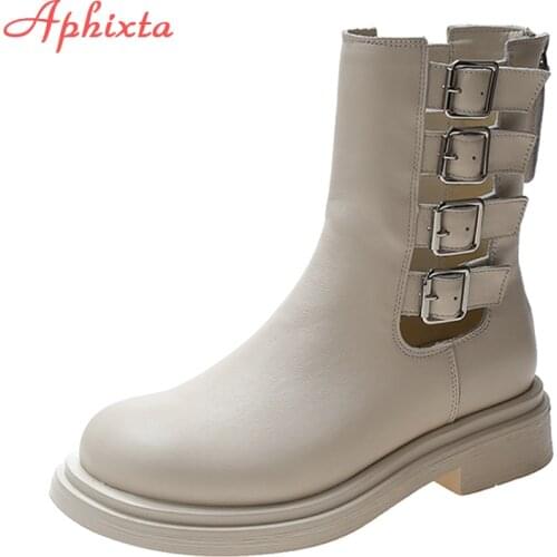 Aphixta 2021 Autum Boots Women Side Buckle Hollow Beige Leather Round Toe 4cm Square Heel Round Toe Short Shoes