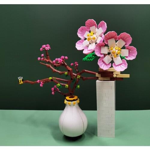 Retro Chinese Style Plants Vase Potted Flowers Peach Blossom Building Blocks Brick Accessories Model Kids Diy Decompression Toys