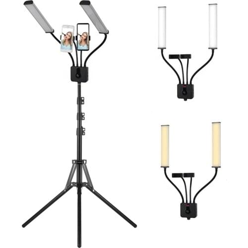 Flexible Double Arms LED Video Light Photography Fill Light 3200K-5600K Dimmable 2*Flexible Phone Holders+1.6M Metal Light Stand