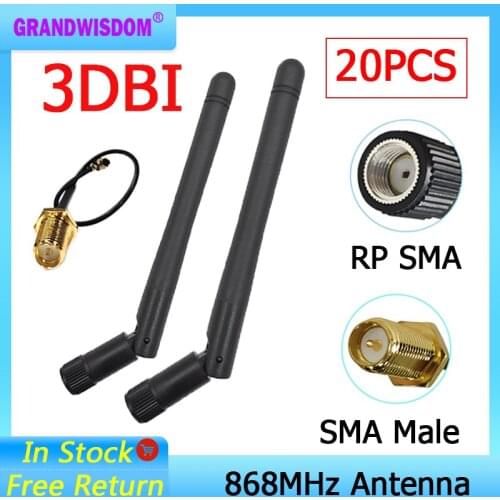 20pcs 868MHz 915MHz Antenna 3dbi RP-SMA Connector GSM 915 868 MHz antena antenne waterproof +21cm SMA Male /u.FL Pigtail Cable