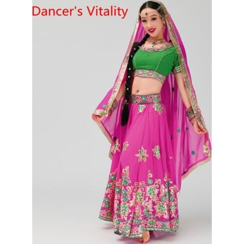 Indian Dance Color Blocking Top Sequin Hemlines Skirt Veil Set Women Adult Belly Oriental Dancing Performance Clothes Stage Suit