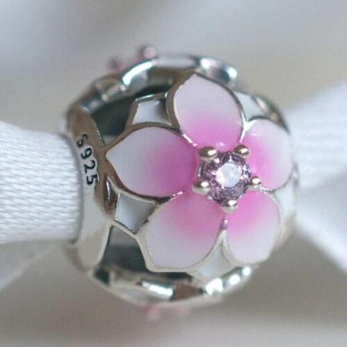 Classic 925 sterling silver beads Pink Enamel Flower Charms Fit Original Pandora Bracelet Bangle Women Diy Jewelry