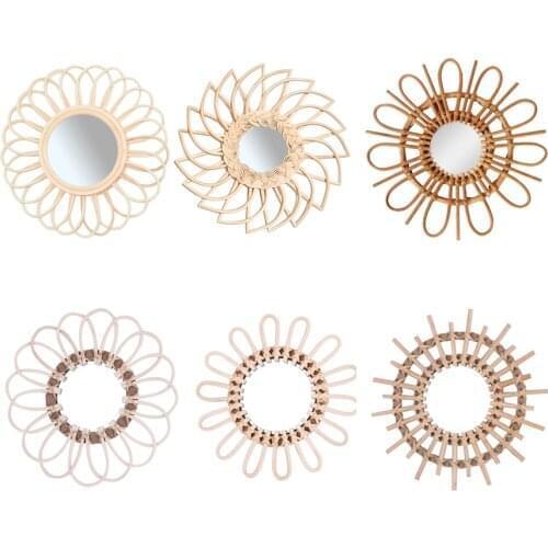 Wall Rattan Mirror Farmhouse Decor Hanging Mirror Nordic Retro Decorative Mirror Home Handmade Decoration Stickers & Posters