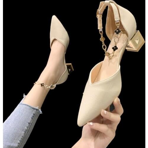 2021 New Womens High-Heeled Shoes Branded Pumps Sandals Ladies Breathable Pointed Wedge Latest Beige Metalic Casual